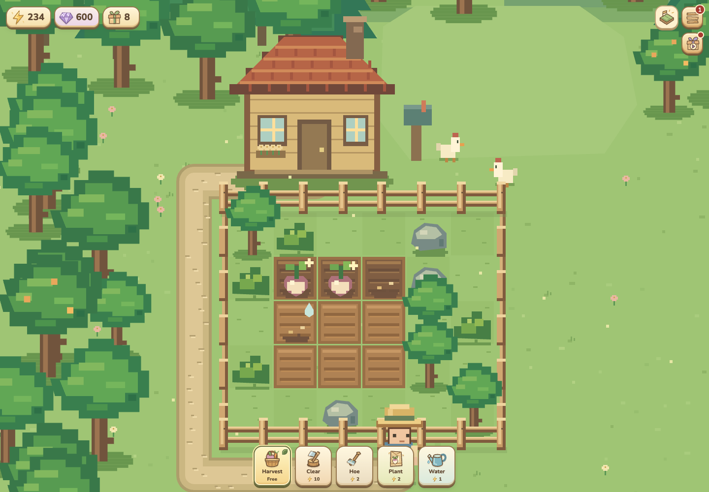 WalkFarm gameplay showing vegetable beds, a farmhouse, trees, and chickens, with the harvesting, planting, watering, and farm menu controls visible.